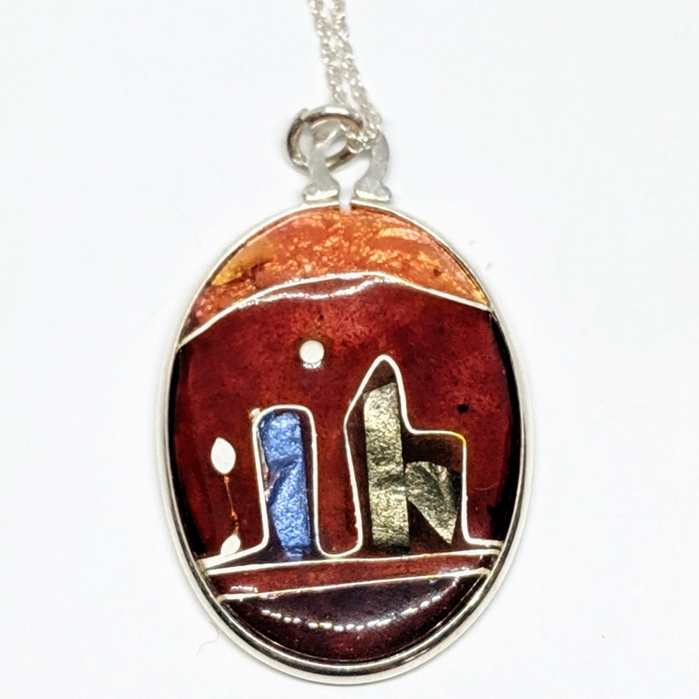 Handcrafted Cloisonne Pendant Necklace Cityscape